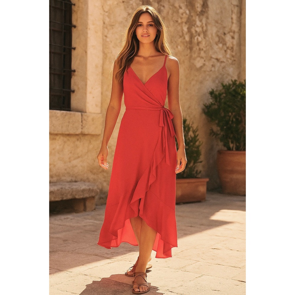 LULUS Manhattan Moment Berry Ruffle Midi Wrap Dress Size XL